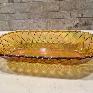 1970s Carnival Glass, Iridescent Indiana Glass Co., Oval Indiana Glass Bowl Basketweave Pattern. Collector Carnival Glass Dish,Wedding Gift image 8