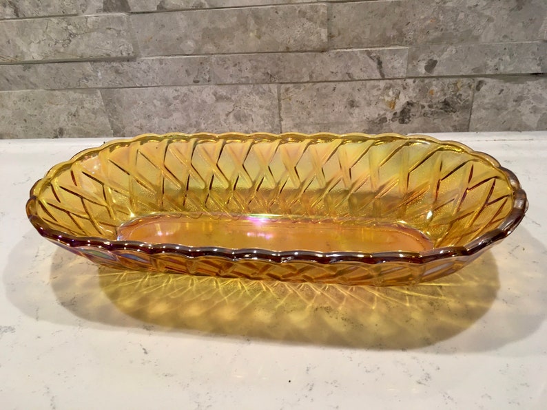 1970s Carnival Glass, Iridescent Indiana Glass Co., Oval Indiana Glass Bowl Basketweave Pattern. Collector Carnival Glass Dish,Wedding Gift image 8