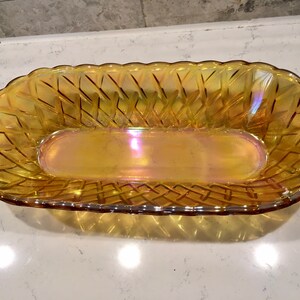 1970s Carnival Glass, Iridescent Indiana Glass Co., Oval Indiana Glass Bowl Basketweave Pattern. Collector Carnival Glass Dish,Wedding Gift image 4
