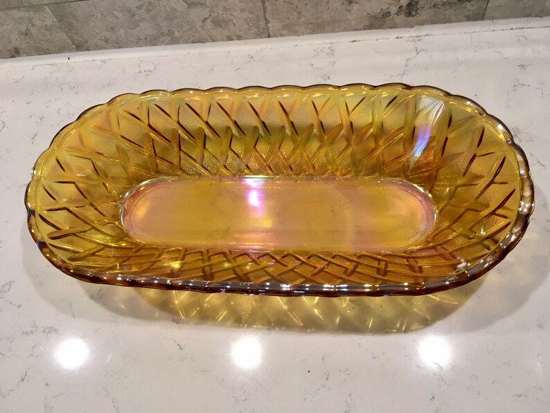1970s Carnival Glass, Iridescent Indiana Glass Co., Oval Indiana Glass Bowl Basketweave Pattern. Collector Carnival Glass Dish,Wedding Gift image 4