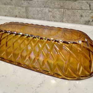 1970s Carnival Glass, Iridescent Indiana Glass Co., Oval Indiana Glass Bowl Basketweave Pattern. Collector Carnival Glass Dish,Wedding Gift image 3