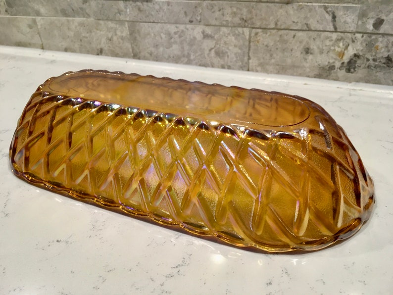 1970s Carnival Glass, Iridescent Indiana Glass Co., Oval Indiana Glass Bowl Basketweave Pattern. Collector Carnival Glass Dish,Wedding Gift image 3