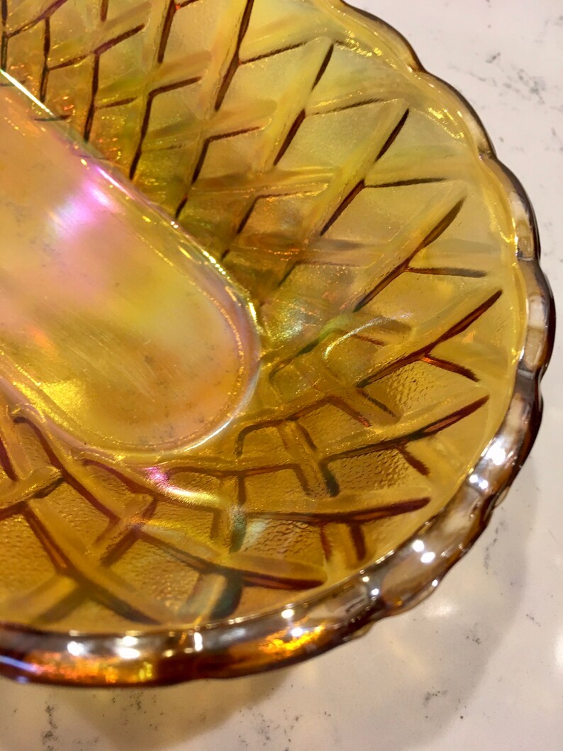 1970s Carnival Glass, Iridescent Indiana Glass Co., Oval Indiana Glass Bowl Basketweave Pattern. Collector Carnival Glass Dish,Wedding Gift image 2