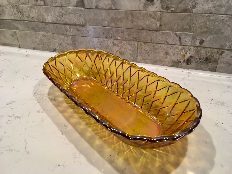 1970s Carnival Glass, Iridescent Indiana Glass Co., Oval Indiana Glass Bowl Basketweave Pattern. Collector Carnival Glass Dish,Wedding Gift image 6