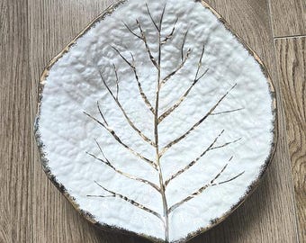 LOVELY FIND Leaf Shaped Candy or Trinket dish with Gold Detail and Trim.  Made by  Sandland Ware, England