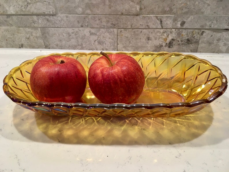1970s Carnival Glass, Iridescent Indiana Glass Co., Oval Indiana Glass Bowl Basketweave Pattern. Collector Carnival Glass Dish,Wedding Gift image 5