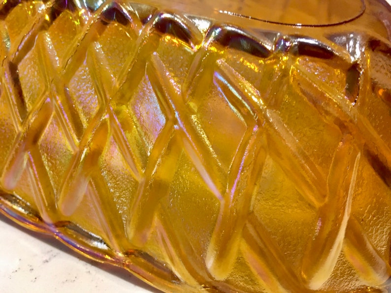 1970s Carnival Glass, Iridescent Indiana Glass Co., Oval Indiana Glass Bowl Basketweave Pattern. Collector Carnival Glass Dish,Wedding Gift image 9