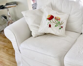 FLOWER MOTIF Embroidered Throw Pillow Cover, Vintage Home Decor Cushion Cover with Embroidery & Lace, Shabby Chic, Girls Room, Gift for Mom
