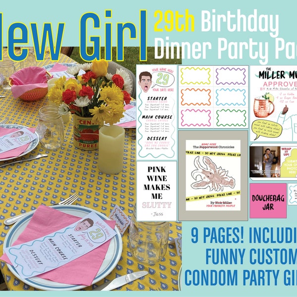 Paquete de imprimibles del paquete de cena de cumpleaños número 29 de New Girl / Solo archivos digitales / Descarga instantánea / Páginas PDF de 8,5" x 11"