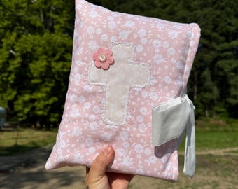 Pink Floral Cross Embroidered Cottagecore Grandmacore Print  Floral Bible Christian Book IPad Cover Sleeve Gift
