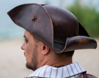 Brown Leather Pirate Hat Tricorn , Handmade Genuine Leather Jack Sparrow Hat , Captain Cosplay Costume Accessory.