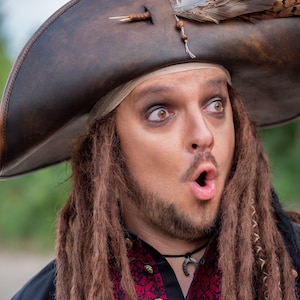 Pirate leather hat worn on head, cosplay and renaissance style