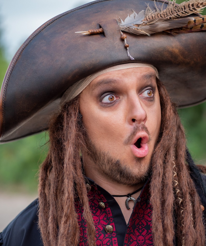 Pirate leather hat worn on head, cosplay and renaissance style