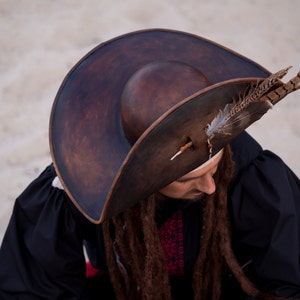 Wide Brim 15 cm. Top view of wide brim pirate leather hat handmade