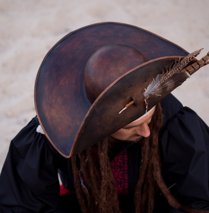Wide Brim 15 cm. Top view of wide brim pirate leather hat handmade