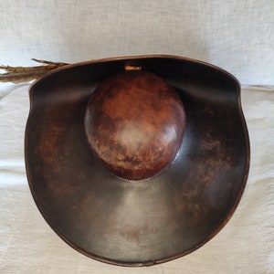 Top view of wide brim pirate leather hat handmade