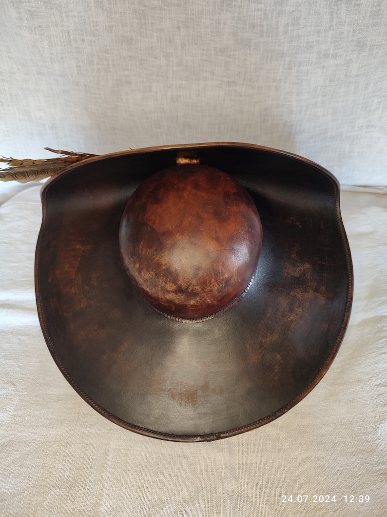 Top view of wide brim pirate leather hat handmade