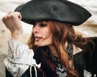 Black Leather Pirate Hat Tricorn, Handmade Genuine Leather Jack Sparrow Hat, Historical Renaissance Faire Tri-Corner Hat