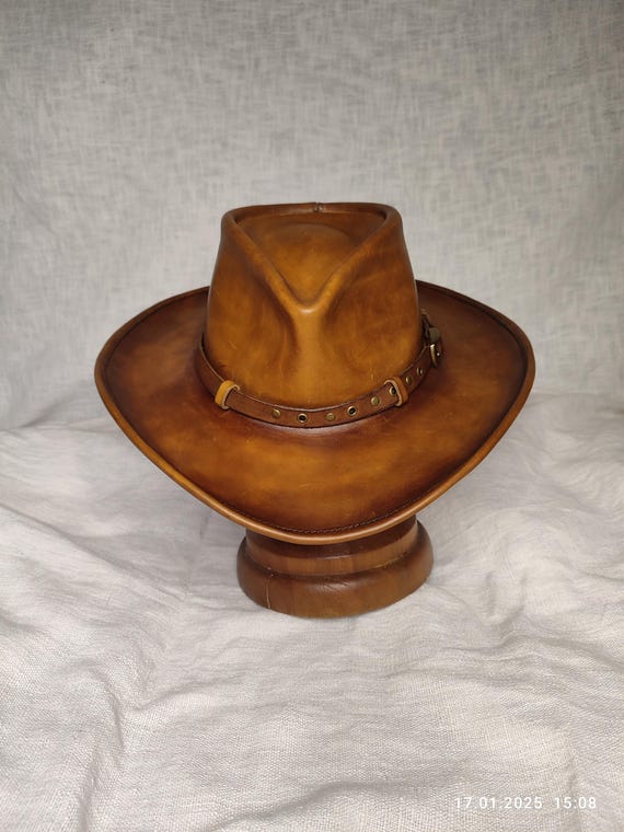 Brown Leather Cowboy Hat | Handmade Western Leather Hat | Outback Slouch Hat Men Women | Custom Genuine Leather Bushcraft Hat