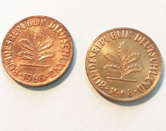 2x2 Pfennig circulation coin 1968 D, 1x magnetic, 1x non-magnetic