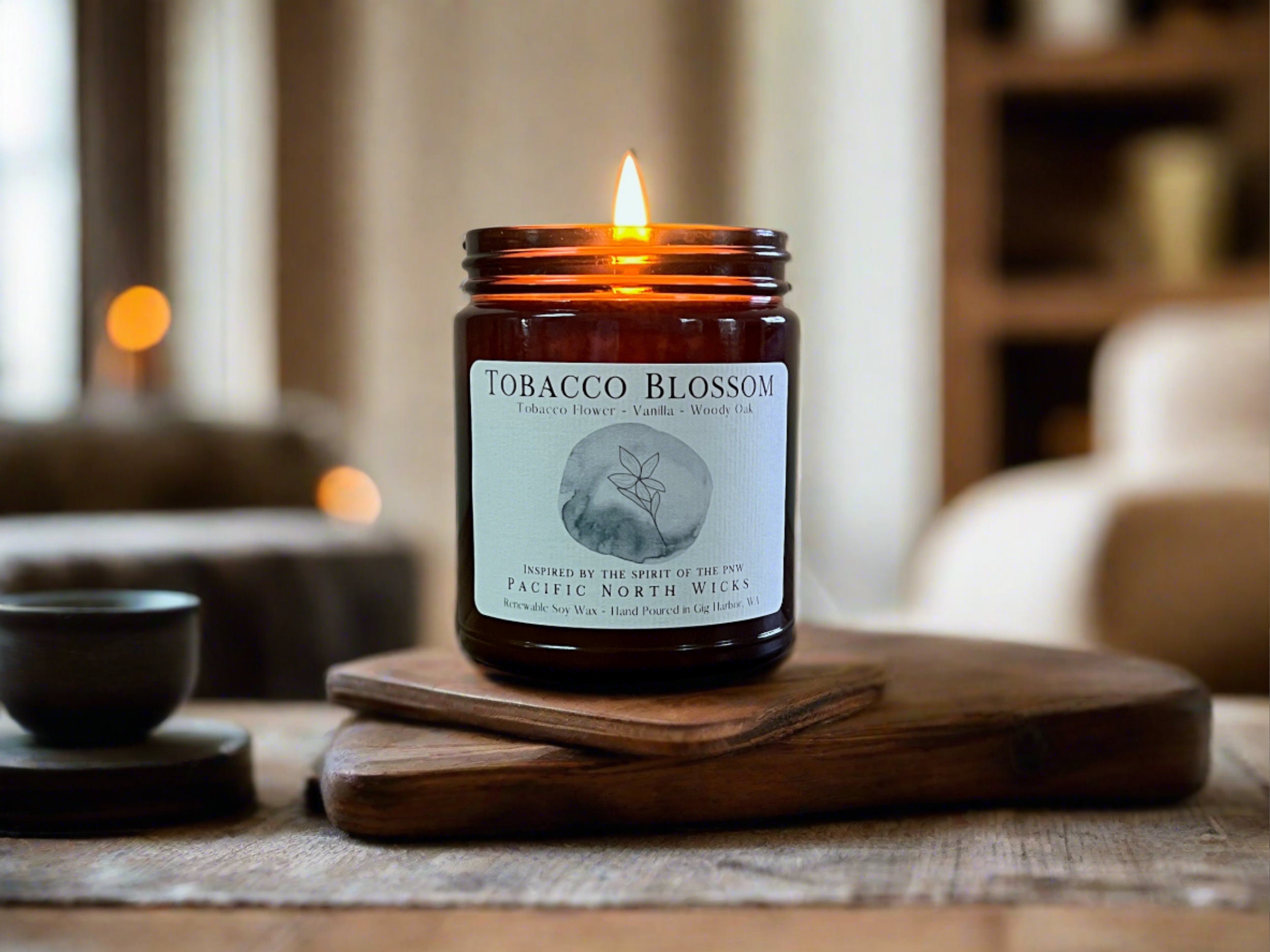 Tobacco Blossom Candle, Masculine Scent, Tobacco Vanilla, Luxury Rustic Home Fragrance, Handpoured Soy Wax, Amber Jar, Man Candle, Nontoxic