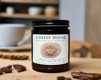 Coffee House Candle, Fresh Coffee, Espresso, Coffee Scented Candle, Cozy Candle, Morning Vibes, Handmade Soy Candle, Amber Jar, PNW Inspired