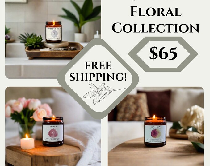 Trio of Luxury Floral Scented Candles, Set of 3, Includes Dahlia, Peony, and Lavender Fields, Women's Gift, 8oz Soy Wax, Clean Burning,
