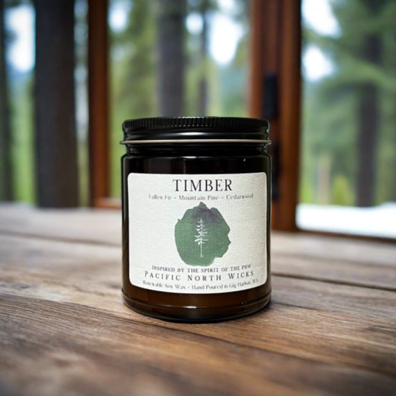 Timber Candle, Rustic Pine Scent, Douglas Fir, Cedarwood, PNW Forest Candle, Evergreen Nature Candle, Eco Friendly, Soy Wax, Amber Glass Jar