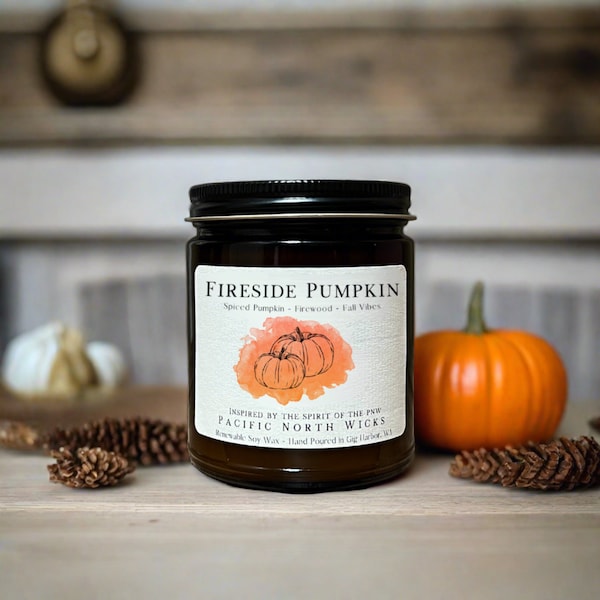 Fireside Pumpkin Candle, Fall Candle, Autumn Candle, Pumpkin Soy Candle, Amber Jar Candle, Pumpkin Spice, Firewood, Cozy Candle, Nontoxic