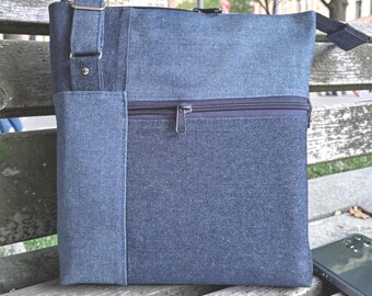Crossbody Bag; Handmade from Blue Denim Fabric with Zip Top, External Pockets and Adjustable Strap.