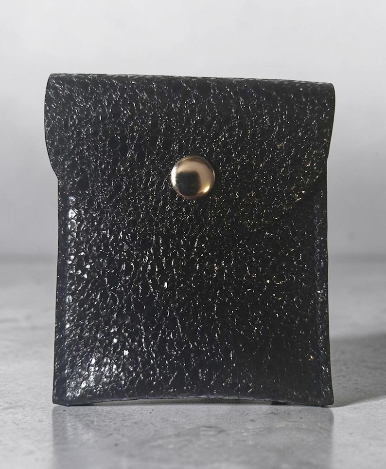 Coin Pouch: Handmade Small Upcycled Real Leather Pouches with a Press-Stud Flap Shiny Black