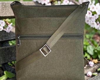 Canvas Crossbody Bag; Handmade from Olive Green Waterproof Fabic with Zip Top, Pockets & an Adjustable Strap