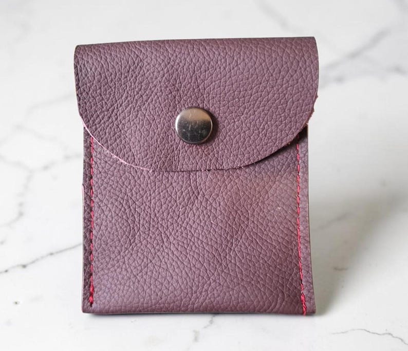 Coin Pouch: Handmade Small Upcycled Real Leather Pouches with a Press-Stud Flap Plum
