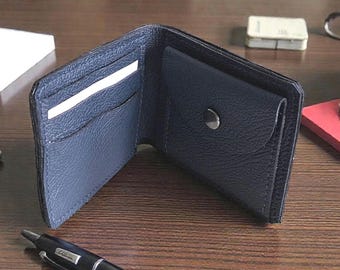 Bifold Wallet; Handmade from Genuine Navy Blue Soft Grain Leather, with Coin Pocket and Card Slots