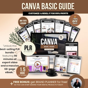 Op de afbeelding: Een advertentie voor een Canva Basic Guide, met een laptop, tablet en afdrukken. De tekst bevat "Aanpassen & doorverkopen voor 100% winst" en "-70% KORTING VANDAAG!". Bevat ook een 1,5 uur durende tutorial en een gratis bonus.