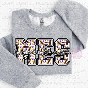May include: A gray sweatshirt featuring the letters "MES" in a black outline, filled with a pattern of purple crayons and yellow hearts. The words "Mulberry Elementary School" are written below the letters in a script font.