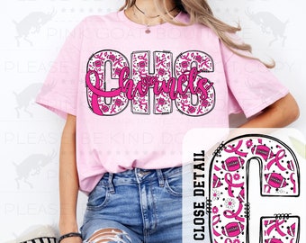 Custom Breast Cancer Awareness Initials PNG DFT Sublimation Colors Digital Design Sports Mascot Spirit Wear Football School Name Pink