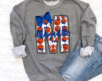 Lazos de baloncesto personalizados Iniciales escolares PNG DTF Diseño digital Mascota deportiva Ropa deportiva Voleibol Nombre de la escuela Elija colores Inicial de la mascota