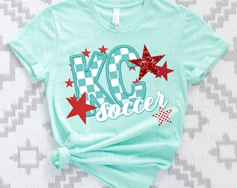 KC PNG DTF Image Instant Download Sublimation Digital Design Decal T-shirt Soccer Tumbler Kansas City Stars Red Aqua Faux Embroidery