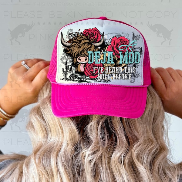 Deja Moo Faux Hat Patch PNG Instant Download Sublimation Digital Design Trucker Hat Inspiration Western Cowgirl Highland Cow TShirt