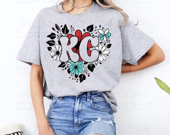 KC PNG DTF Image Instant Download Sublimation Digital Design Decal T-shirt Soccer Tumbler Kansas City Flowers Heart Red Aqua