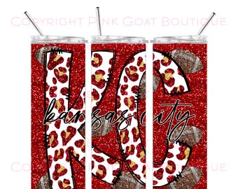 KC Football Tumbler Sublimation 20 Ounce Skinny Digital Design Instant Download Kansas City Red Football PNG Leopard Glitter Sequin