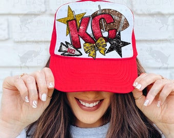 KC Sequin Football PNG Instant Download Sublimation Digital Design Decal T-shirt Tumbler Red Gold Kansas City Trucker Hat Faux Patch