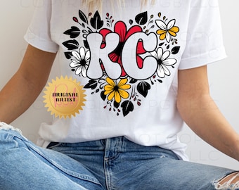 KC PNG Image Instant Download Sublimation Digital Design T-shirt Football Tumbler Kansas City Flowers Heart DTF Design Girly Red Gold