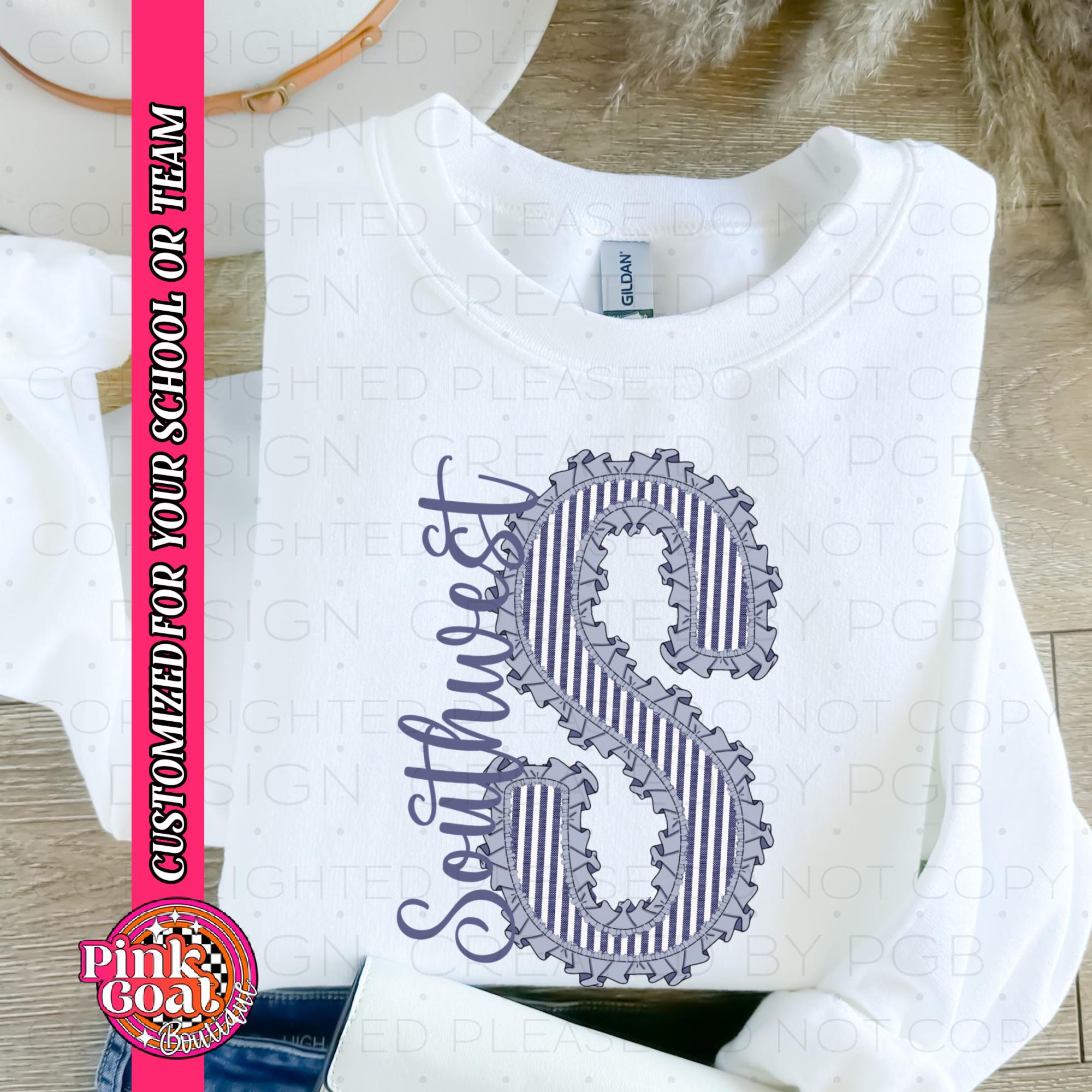 Custom Seersucker Ruffle Initial PNG DFT Sublimation Digital Design Sports Mascot Spirit Wear Cheerleading School Name Trendy Ribbon