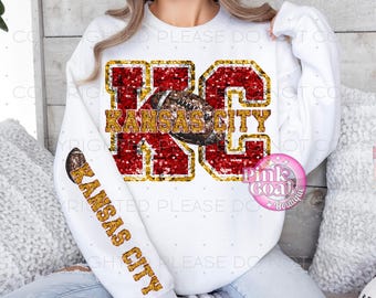 KC Kansas City Faux Sequin PNG Digital Design T-shirt Football DTF Design Missouri Kansas Sweatshirt  Faux Sequin Initials Red Gold Football