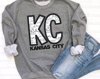 KC Kansas City Faux Embroidery PNG  Digital Design Decal T-shirt Football Baseball Hometown Black White Stitched Missouri Kansas Sweatshirt
