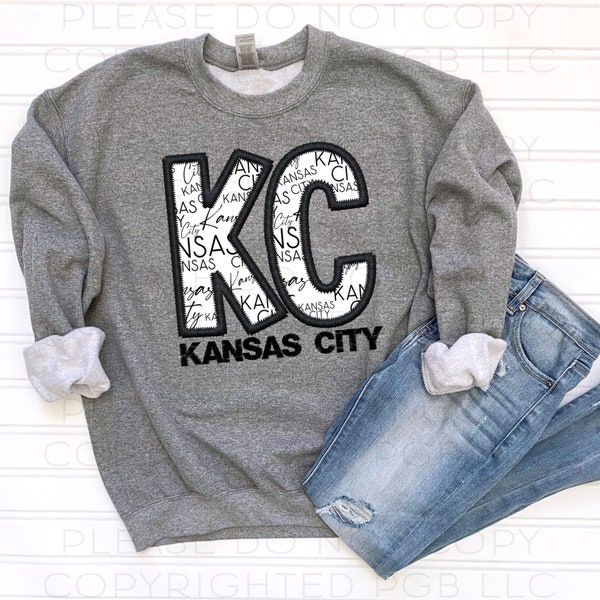 KC Kansas City Faux Embroidery PNG  Digital Design Decal T-shirt Football Baseball Hometown Black White Stitched Missouri Kansas Sweatshirt