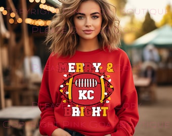 Merry And Bright Football PNG Image Instant Download Sublimation Digital Design Decal T-shirt Football KC Red Gold Christmas Lights Holiday