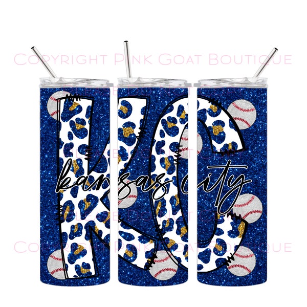 KC Baseball Tumbler Sublimation 20 Ounce Skinny Digital Design Instant Download Kansas City Blue PNG Leopard Glitter Sequin